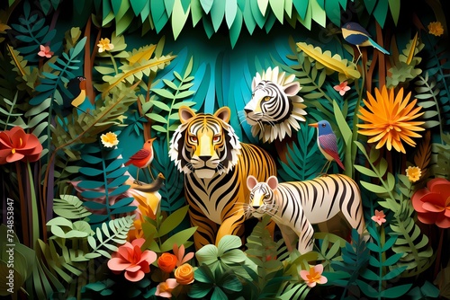 A whimsical paper jungle, with lifelike animals crafted from folded paper, surrounded by lush foliage and vibrant flora. photo