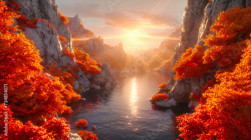 In a landscape where fantasy meets nature, the serene beauty of a forest river at sunrise is captured, creating a scene that beckons with the promise 