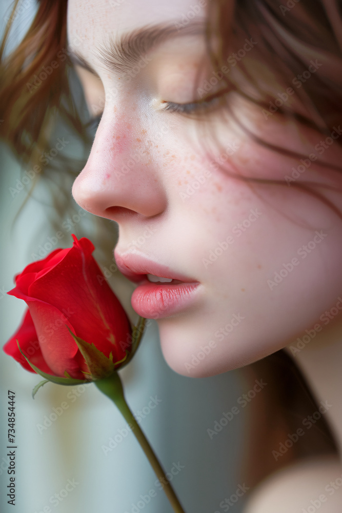 A woman smelling a red rose A woman smelling a red rose