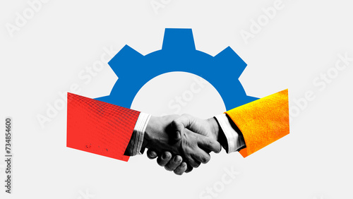 Contemporary art collage. Hands with half of mechanical gears symbolizing performance of duties as agreed upon from beginning of engagement. Concept of teamwork, business cooperation, partnership. Ad photo