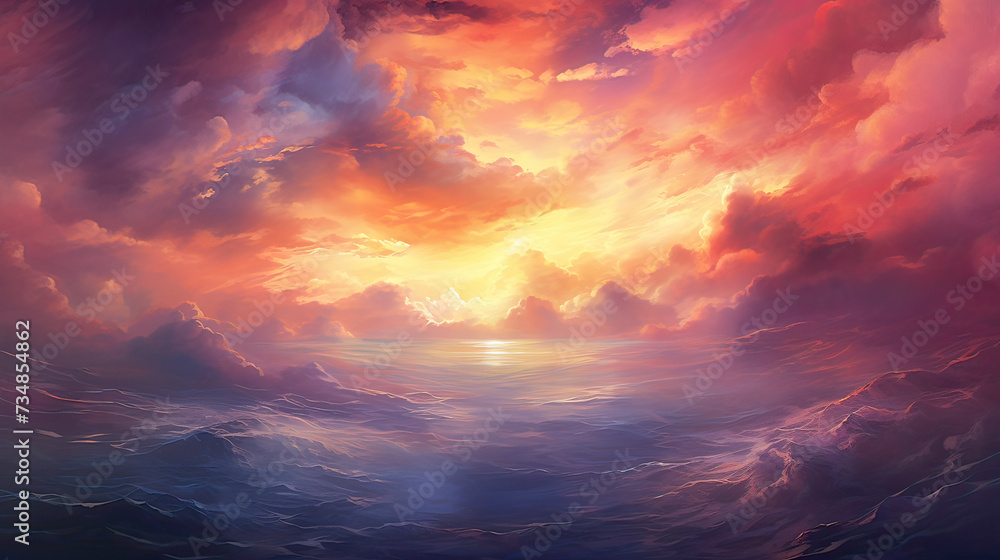 The serenity of a big sunset, unique artistic elements and vivid colors, stunning and immersive background Ai Generative
