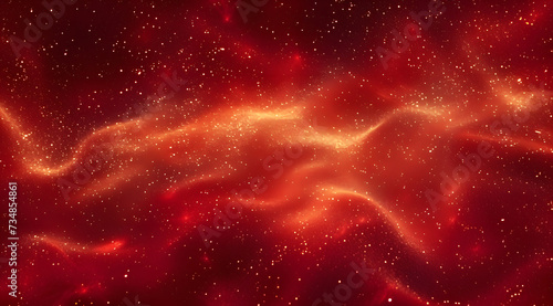 Whirling Gold Particles in Red Fluid. Magical waves of golden glittering particles in different shades of red liquid with depth of sharpness. Galaxy of countless golden dust particles.