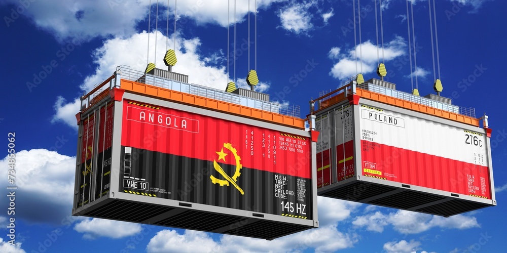 Shipping containers with flags of Angola and Poland - 3D illustration