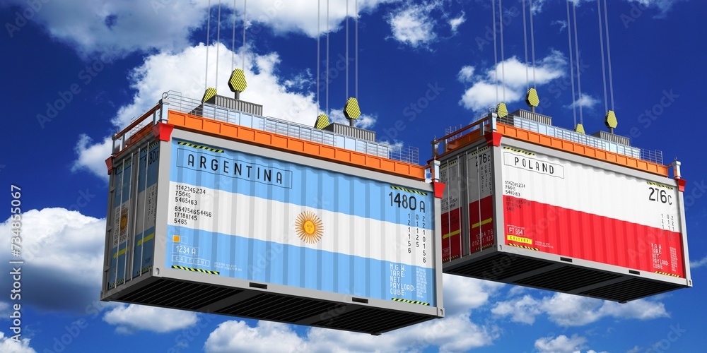 Shipping containers with flags of Argentina and Poland - 3D illustration