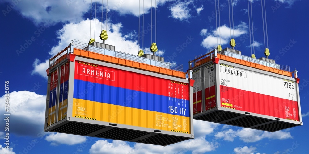 Shipping containers with flags of Armenia and Poland - 3D illustration