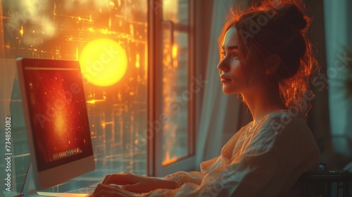 Portrait of a young girl working at home at a computer by the window at sunset. The concept of a freelancer
