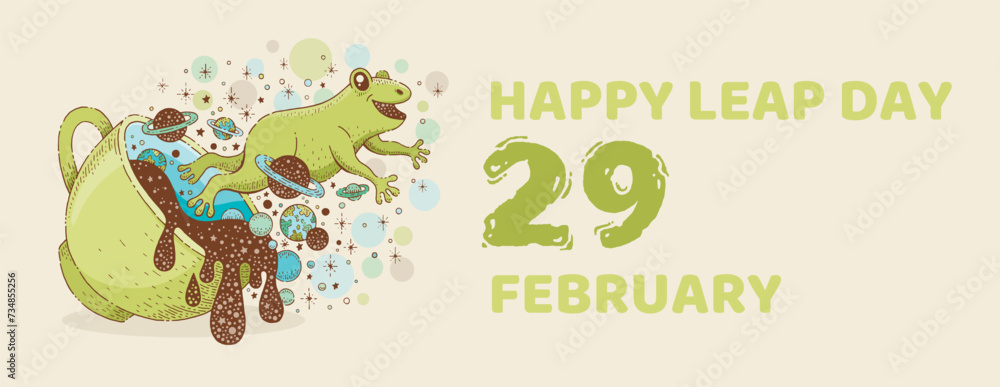 Leap day February 29 poster Leap year calendar with jumping frog