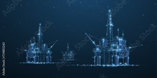 Oil rigs. Abstract 3d floating rig platforms isolated on blue. gas platform, offshore drilling, refinery plant, petroleum industry photo
