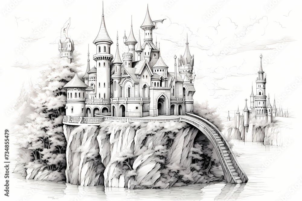 A magical fairy tale castle perched on a hill, line drawing, no background, no detail, no color.