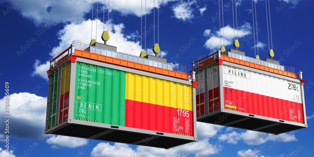 Shipping containers with flags of Benin and Poland - 3D illustration