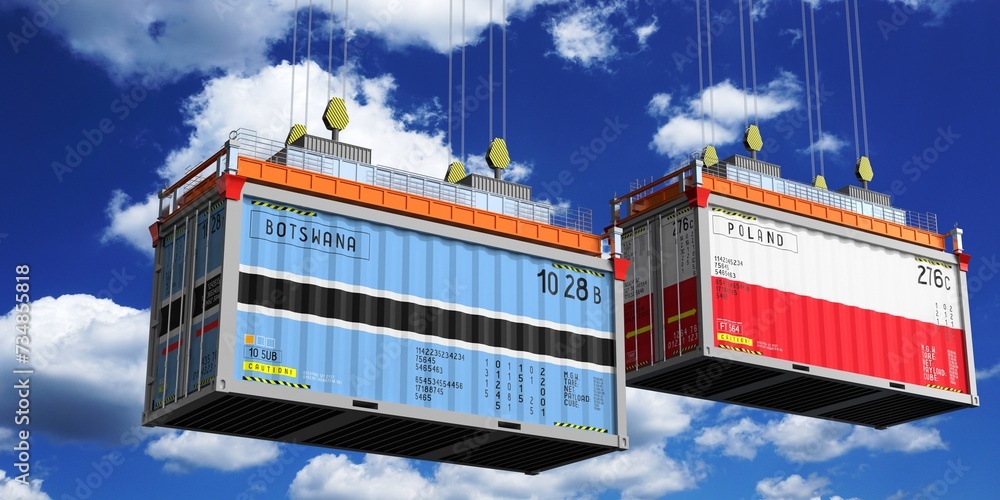 Shipping containers with flags of Botswana and Poland - 3D illustration