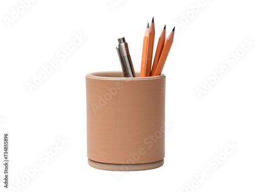 a pencils and a pen in a cup