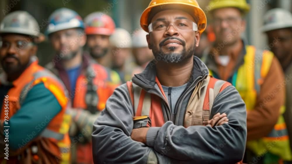 A handful of confident construction workers in safety gear stood with their arms crossed. It shows teamwork and professionalism in the industry. A handful of confident construction workers in safety gear stood with their arms crossed. It shows teamwork and professionalism in the industry.
