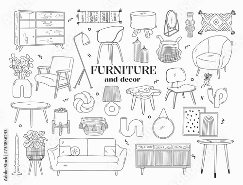 Set of outline interior design objects. Line armchair, couch, dresser, lamp, plant, candle, mirror and decor. Sketch drawings of modern furniture in scandinavian style. Vector graphic