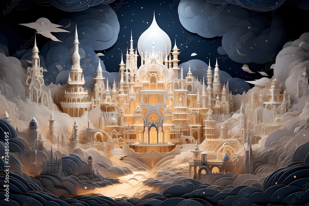 A paper art interpretation of a celestial palace in the clouds, with ...