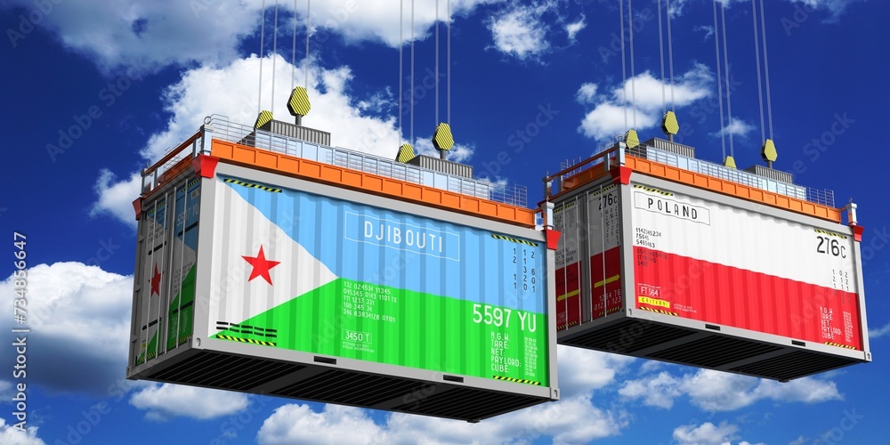 Shipping containers with flags of Djibouti and Poland - 3D illustration
