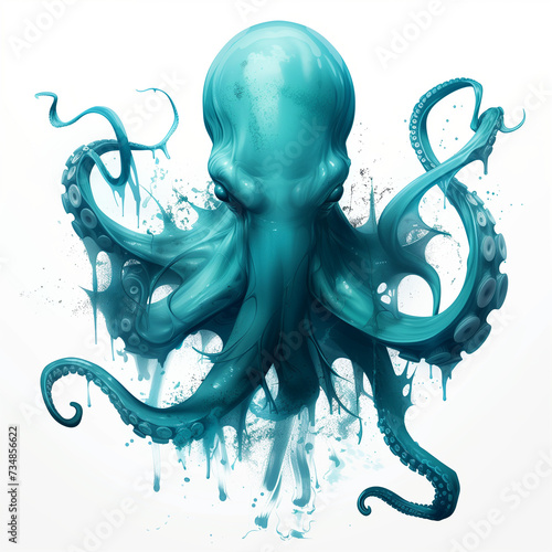Drawing of an octopus with drops and blots of blue paint, art © Konstantin Bolotin