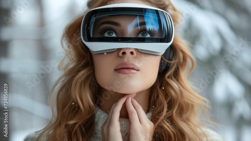 Young Caucasian woman looking at virtual reality on gray background while wearing VR headset.