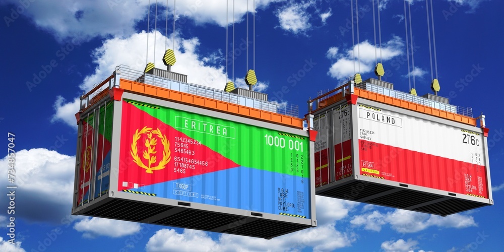 Shipping containers with flags of Eritrea and Poland - 3D illustration