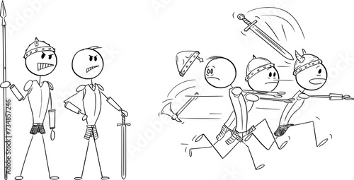 Group of Weak Men Running Away in Fear From Strong Warriors, Vector Cartoon Stick Figure Illustration