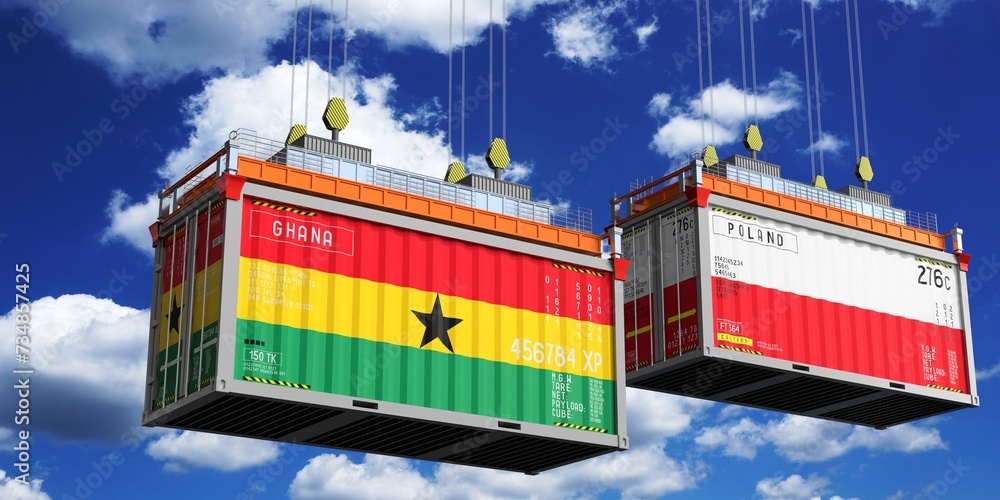 Shipping containers with flags of Ghana and Poland - 3D illustration
