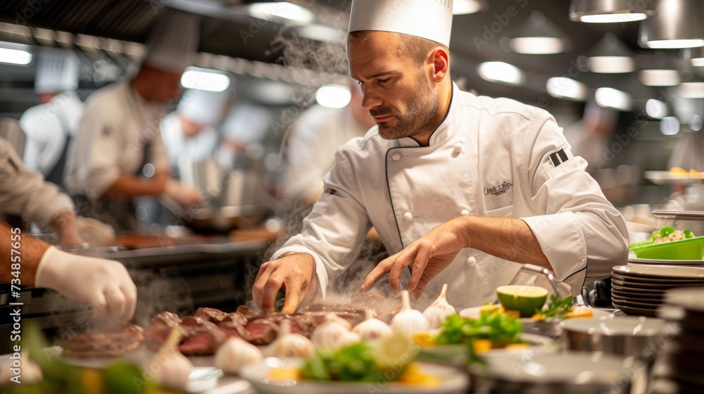 a photo of a male chef in a modern restaurant. He is carefully plating a dish. We can see other chefs blurred in the background a photo of a male chef in a modern restaurant. He is carefully plating a dish. We can see other chefs blurred in the background