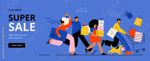 A crowd of happy people is running with purchases. Sale, shopping goods with low prices, and consumerism concept. Vector flat illustration for web banner, or promo.