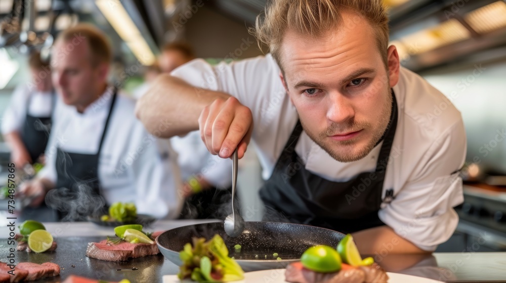 a photo of a male chef in a modern restaurant. He is carefully plating a dish. We can see other chefs blurred in the background a photo of a male chef in a modern restaurant. He is carefully plating a dish. We can see other chefs blurred in the background