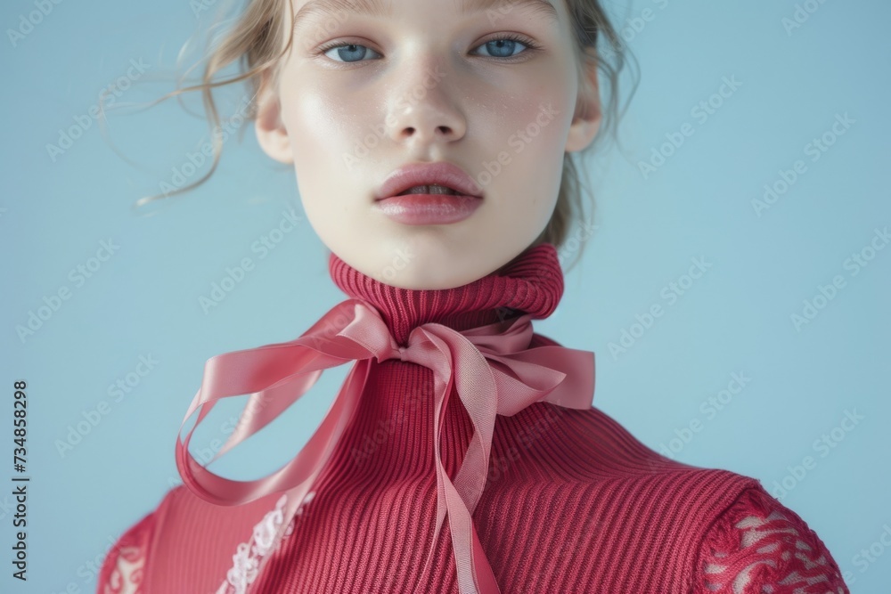 Close-up of a young model in a red turtleneck and pink satin bow, against a blue background. Ideal for fashion and elegance themes. Close-up of a young model in a red turtleneck and pink satin bow, against a blue background. Ideal for fashion and elegance themes.