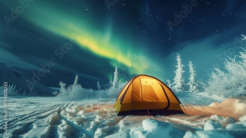 Illuminated tent under northern lights in a snowy forest setting. Perfect for camping and wilderness concepts.
