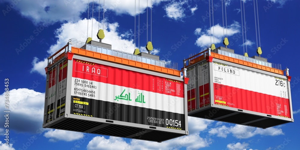 Shipping containers with flags of Iraq and Poland - 3D illustration