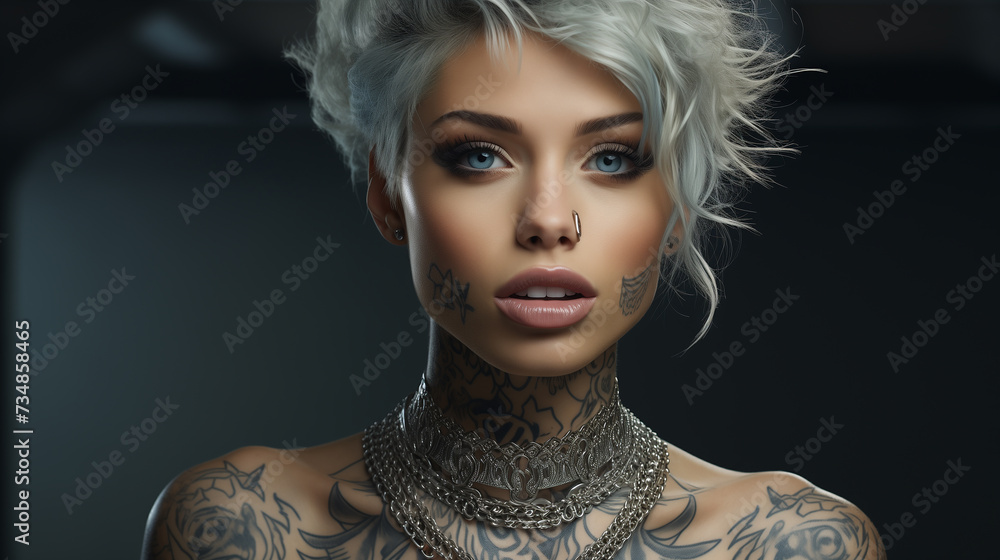 portrait of a woman, portrait of beautiful girl with tattoo, short white hair. - obrazy, fototapety, plakaty 
