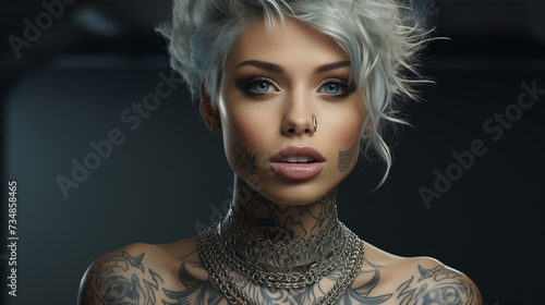 portrait of a woman, portrait of beautiful girl with tattoo, short white hair.