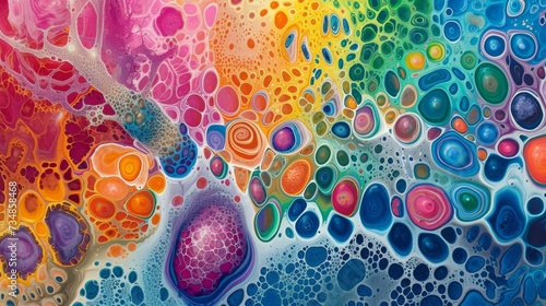 A vibrant macro shot of colorful liquid bubbles in an abstract pattern, suitable for backgrounds and science concepts.