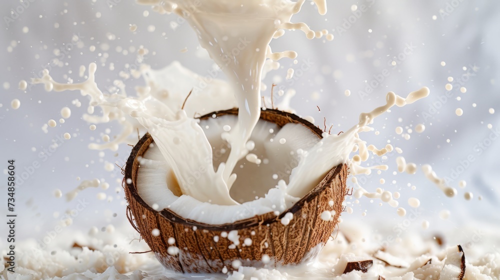 Coconut with a splash of coconut milk creating a dynamic and tropical scene, alternative vegan lactose-free milk Coconut with a splash of coconut milk creating a dynamic and tropical scene, alternative vegan lactose-free milk