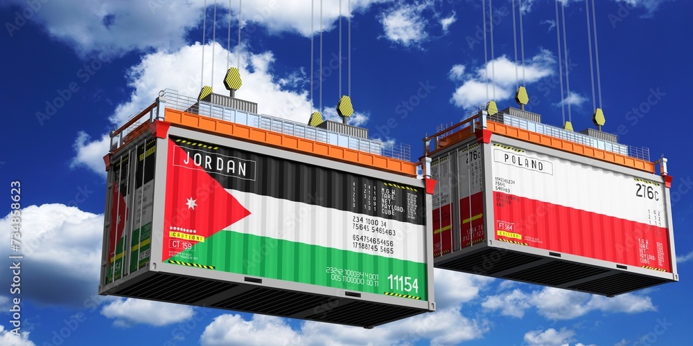 Shipping containers with flags of Jordan and Poland - 3D illustration