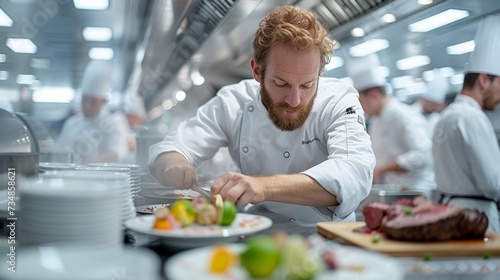 a photo of a male chef in a modern restaurant. He is carefully plating a dish. We can see other chefs blurred in the background