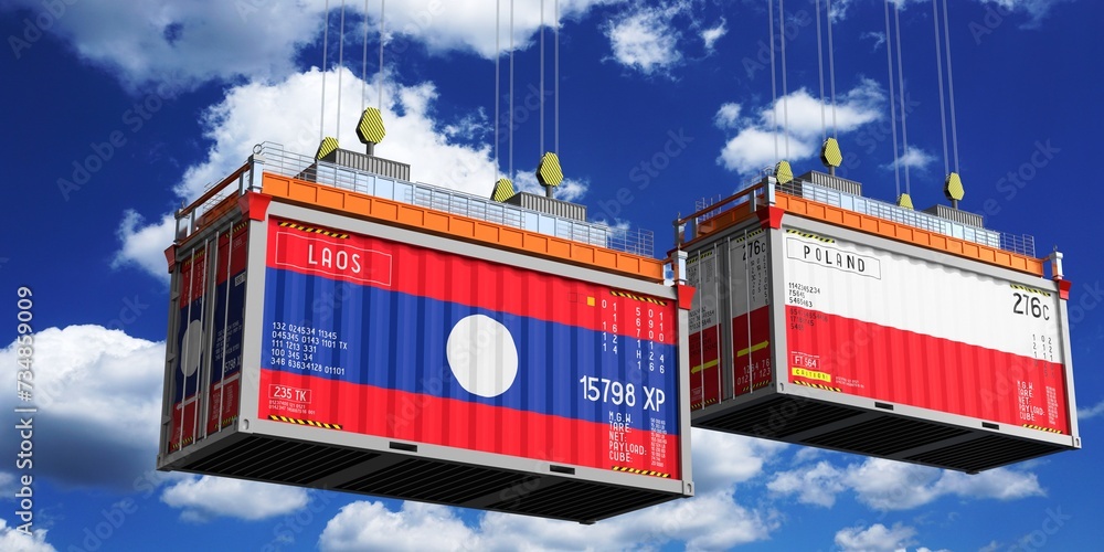 Shipping containers with flags of Laos and Poland - 3D illustration