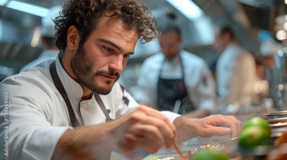 a photo of a male chef in a modern restaurant. He is carefully plating a dish. We can see other chefs blurred in the background
