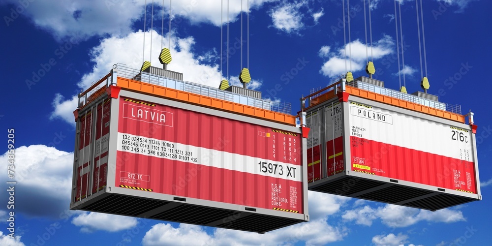 Shipping containers with flags of Latvia and Poland - 3D illustration