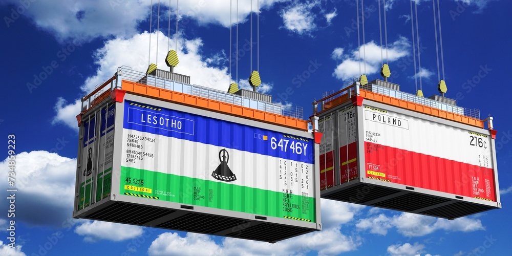 Shipping containers with flags of Lesotho and Poland - 3D illustration