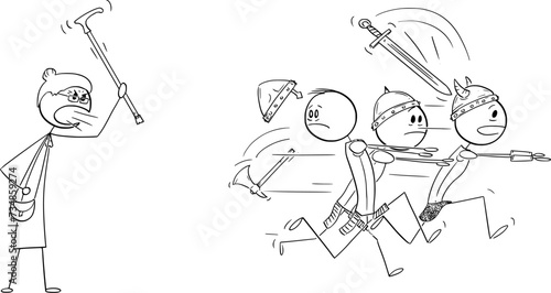 Group of Warriors or Knights Running Away From Old Lady or Woman, Vector Cartoon Stick Figure Illustration