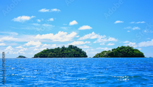 Small island Ile Seche, Moyenne Island and Round Island, Sainte Anne Marine National Park, Republic of Seychelles, Africa.