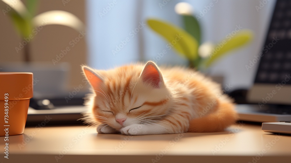 Chinese Spring Festival, Cute Tiny Kitten Sleeping On Table, Kitten Smiling And Sleeping, Computer Office, Tying At Workplace, Exquisite, Distinctive Characters, Cartoon 