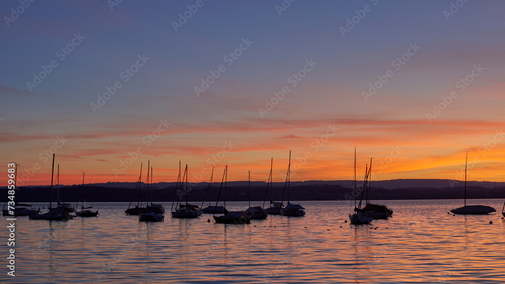 Bodensee Lake Sunrise Panorama. Morning Sunlight Over Tranquil Waters.