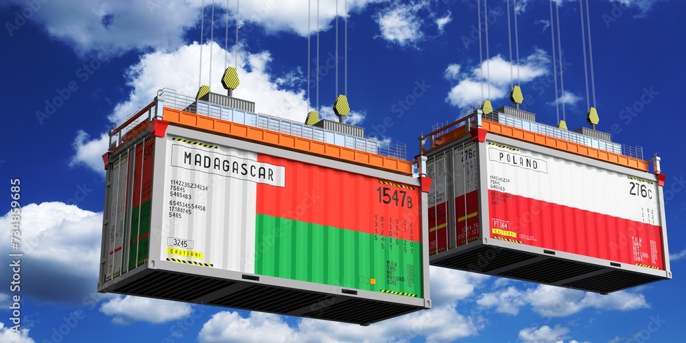 Shipping containers with flags of Madagascar and Poland - 3D illustration