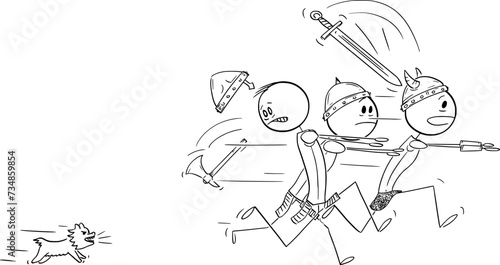 Group of Warriors or Knights Running Away From Small Little Dog or Puppy, Vector Cartoon Stick Figure Illustration