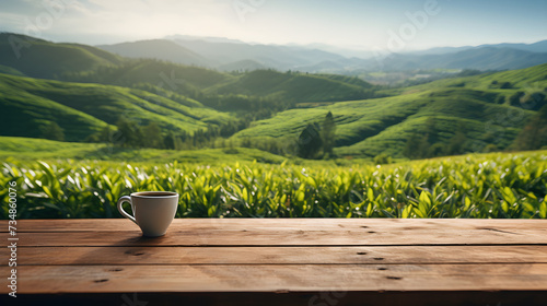 empty Wooden table top on blur green tea mountain and grass field