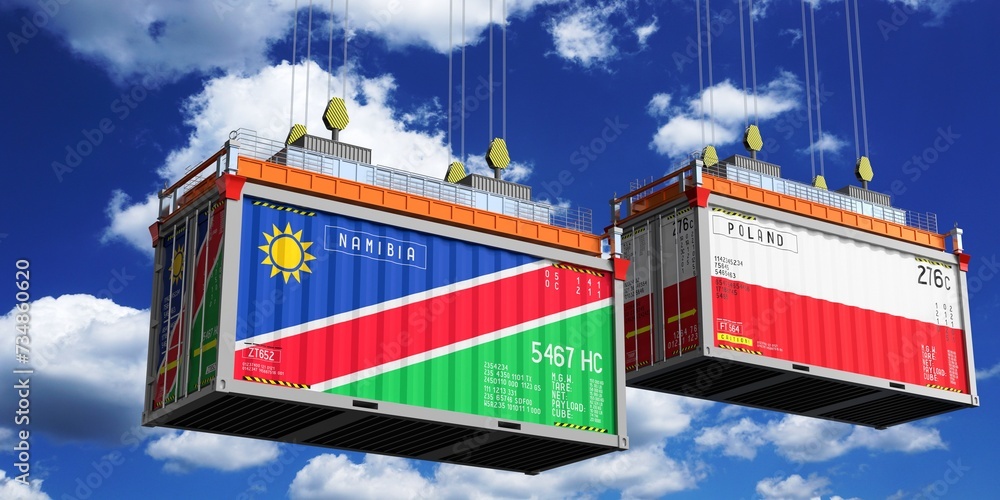 Shipping containers with flags of Namibia and Poland - 3D illustration Shipping containers with flags of Namibia and Poland - 3D illustration