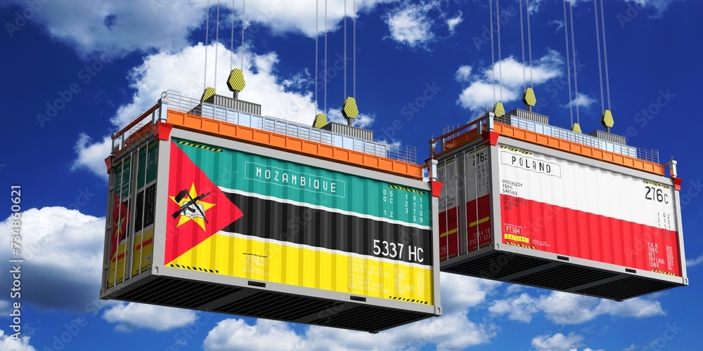Shipping containers with flags of Mozambique and Poland - 3D illustration